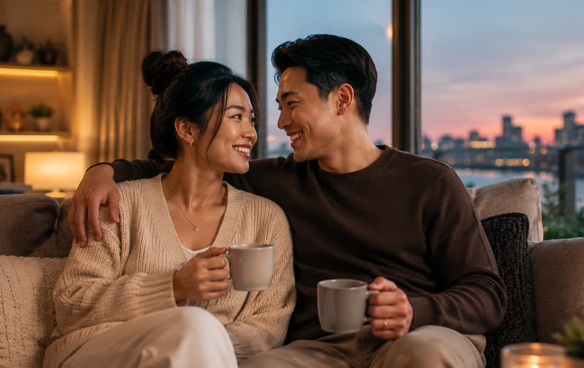 A couple sitting close on a sofa with mugs of coffee, smiling at each other, city skyline at dusk through the window behind them
