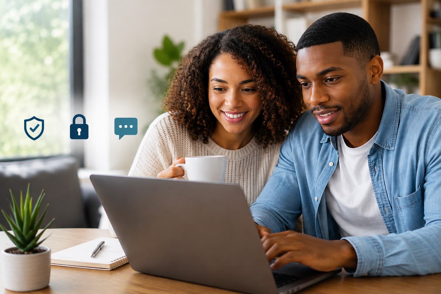 Two members looking at a laptop together, beside shield, padlock and message icons